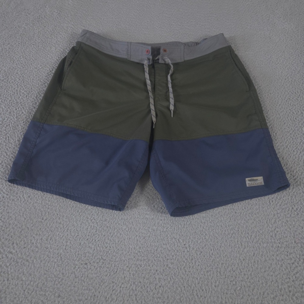L.L. Bean Shorts Mens Large Green Blue‎ Colorblock Mesh Lined Board Stretch Swim